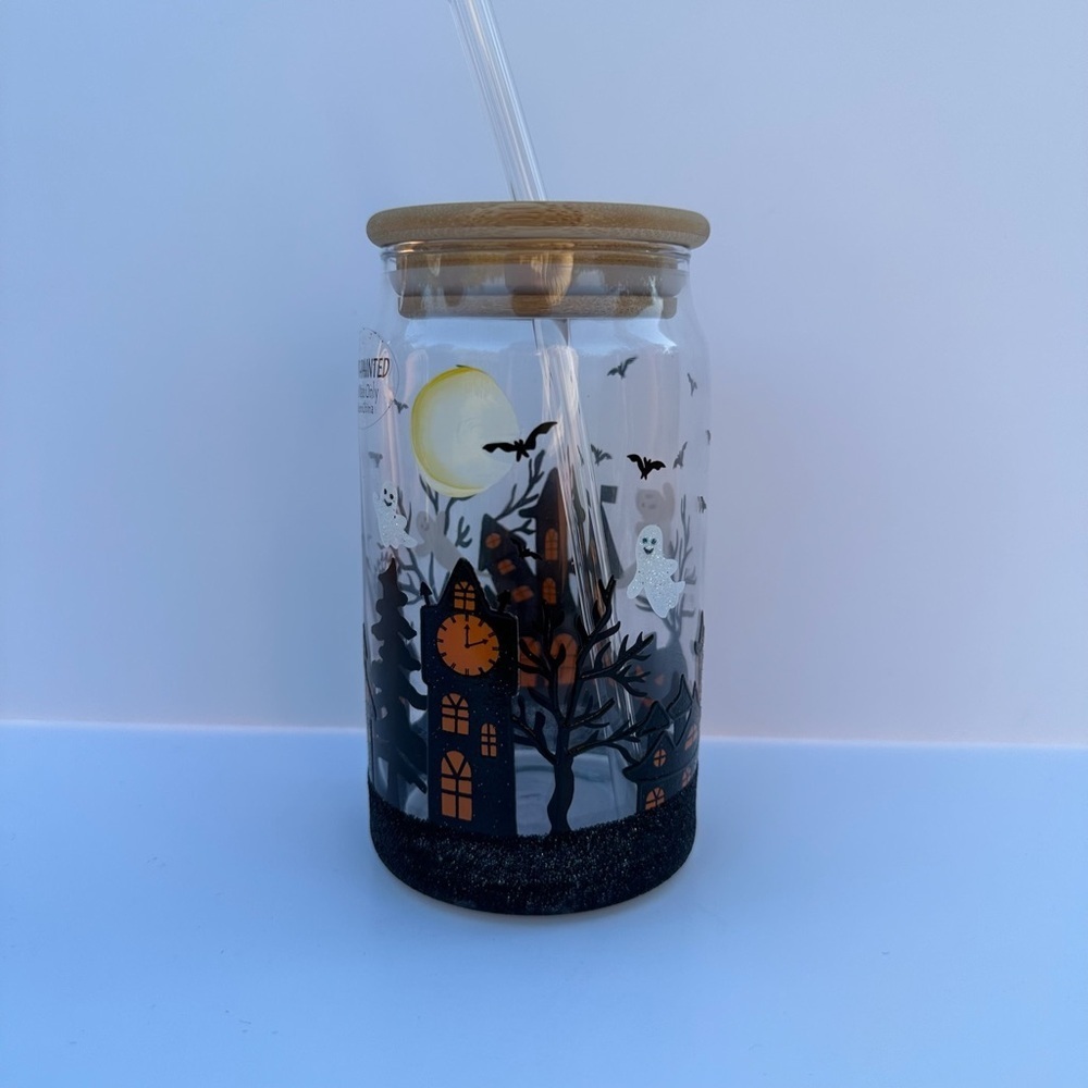 HWJH Halloween Spooky Glass Cup Set w/ Lid & Straw 16 oz Multicolor